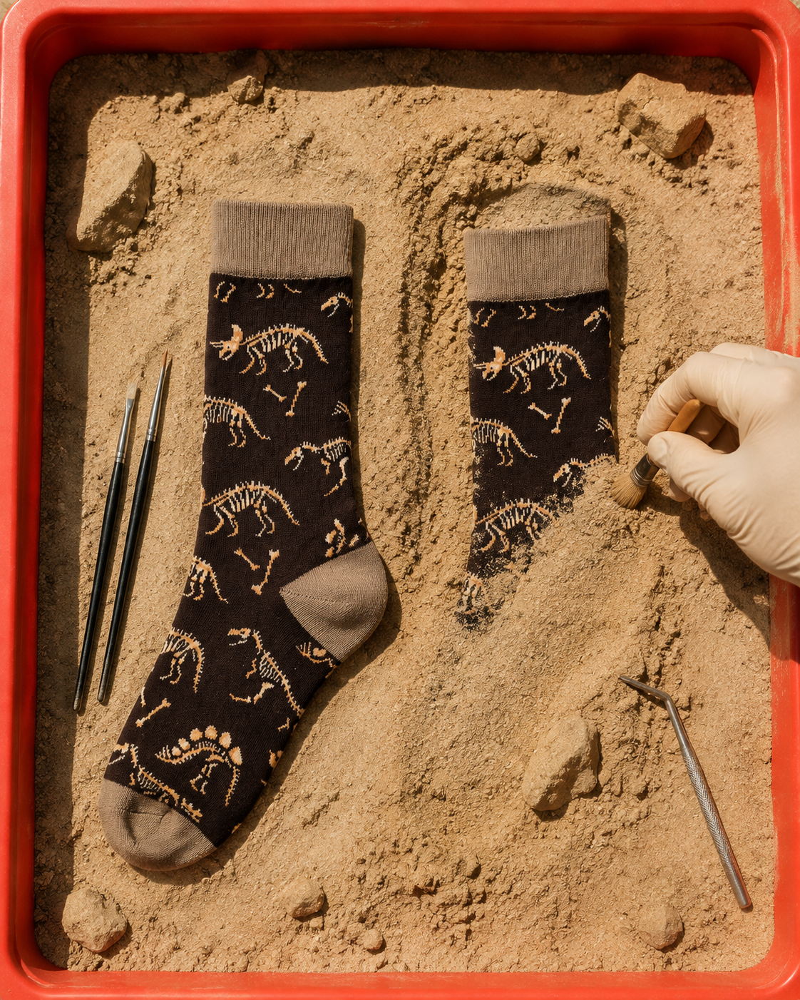 Chaussettes dinosaures mises en scène comme une fouille archéologique